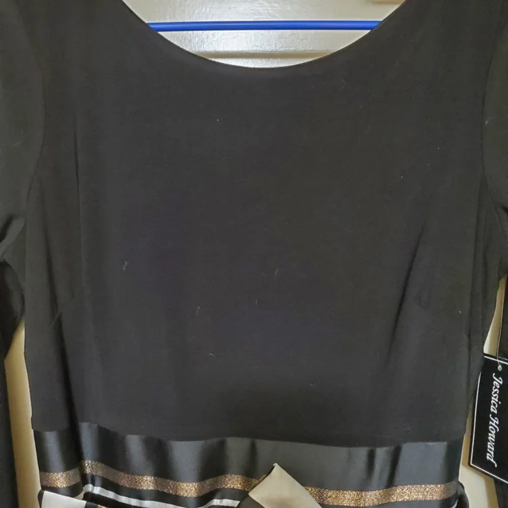 Women Jessica Howard 10 Cocktail Dress Black w/Striped Skirt Belt Beautiful NWT - Picture 2 of 10